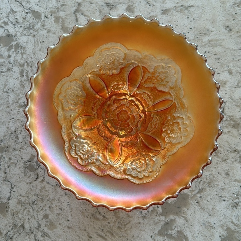 ANTIQUE~DUGAN DIAMOND CARNIVAL GLASS~’DOUBLE STEM ROSE’~MARIGOLD OPALESCENT~G13 - Picture 2 of 4